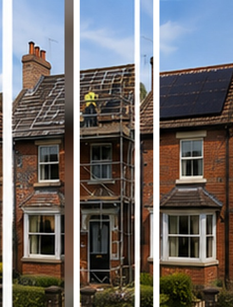 Illustrative example of a solar installation on a Stoke-on-Trent home, before, during and after
